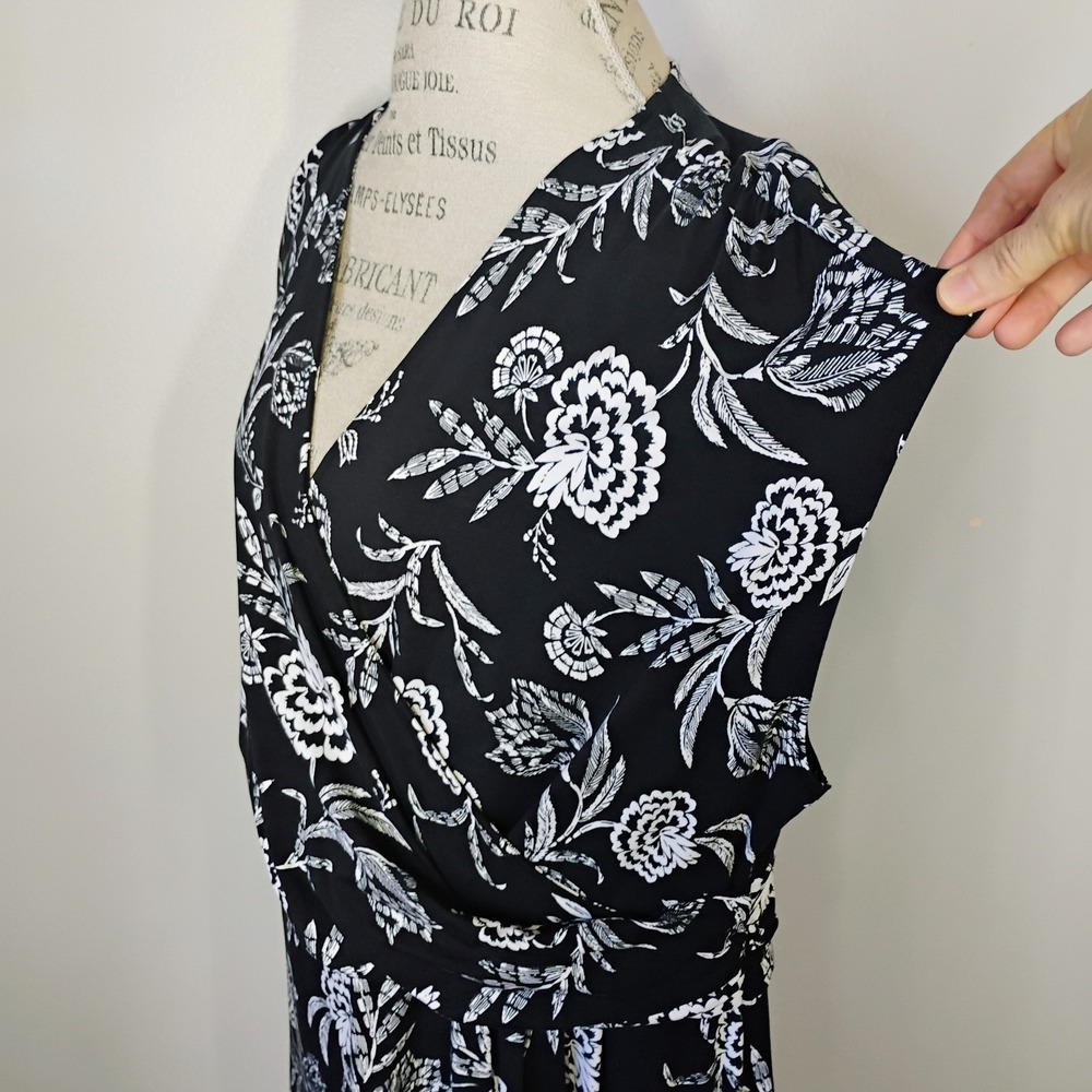Lands End Maxi Dress Womens 2X Black White Floral Faux Wrap Ruched Pima Cotton - Picture 3 of 11